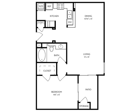 Floor plan for 1 bed, 1 bath, 859 sqft